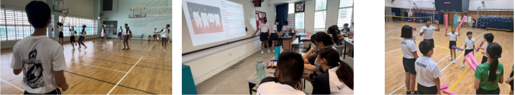 Three school scenes: students playing in a gym, a classroom presentation on teeth, and kids in a gym with foam noodles.